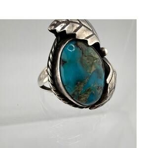 Vintage Navajo Sterling Silver Turquoise Leaf Ring 4.5